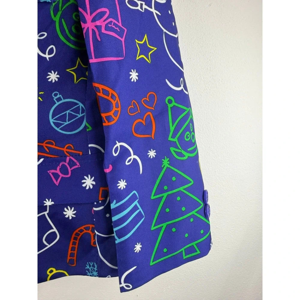 Suitmeister Kids Christmas Blazer Blue Neon Doodle Holiday Jacket Size S‎ 4-6Y